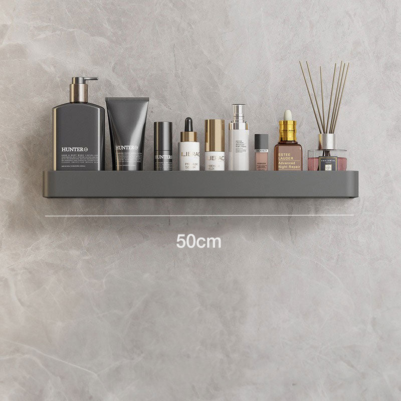 Elegant gray floating shelves designed for bathroom wall-mount storage. Crafted from durable wood, featuring a sleek, minimalist design for easy organization and display of toiletries 5