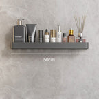 Elegant gray floating shelves designed for bathroom wall-mount storage. Crafted from durable wood, featuring a sleek, minimalist design for easy organization and display of toiletries 5