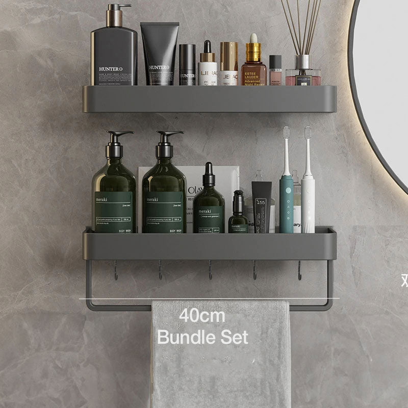 Elegant gray floating shelves designed for bathroom wall-mount storage. Crafted from durable wood, featuring a sleek, minimalist design for easy organization and display of toiletries 9
