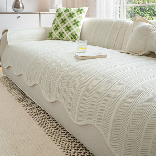 Elegant Herringbone Sofa Cover with Scalloped Edge Ð Stylish Protection for Your Furniture 0