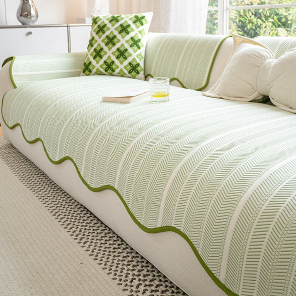Elegant Herringbone Sofa Cover with Scalloped Edge Ð Stylish Protection for Your Furniture 1