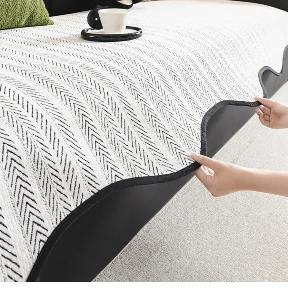 Elegant Herringbone Sofa Cover with Scalloped Edge Ð Stylish Protection for Your Furniture 5