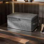 Lightweight, foldable fabric storage box in a stylish gray pattern, perfect for organizing home décor. Ideal for storing toys, clothes, or accessories while 0