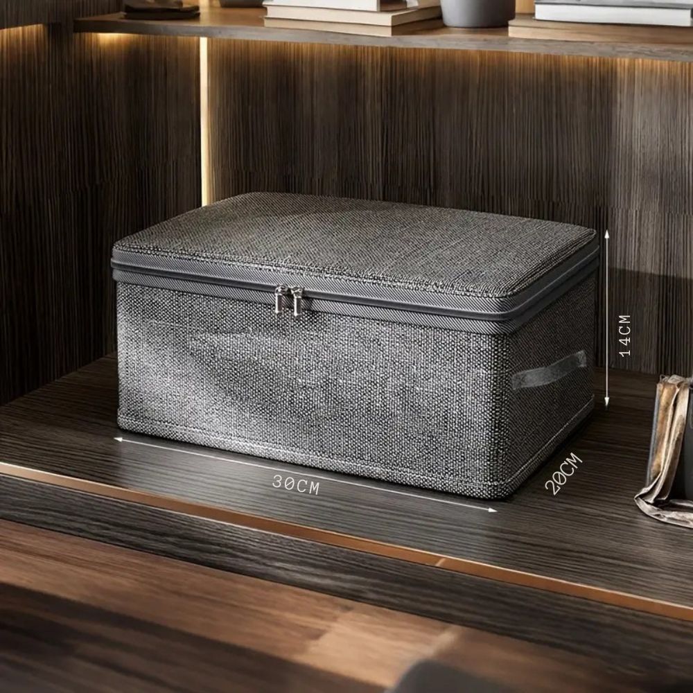 Lightweight, foldable fabric storage box in a stylish gray pattern, perfect for organizing home décor. Ideal for storing toys, clothes, or accessories while 0