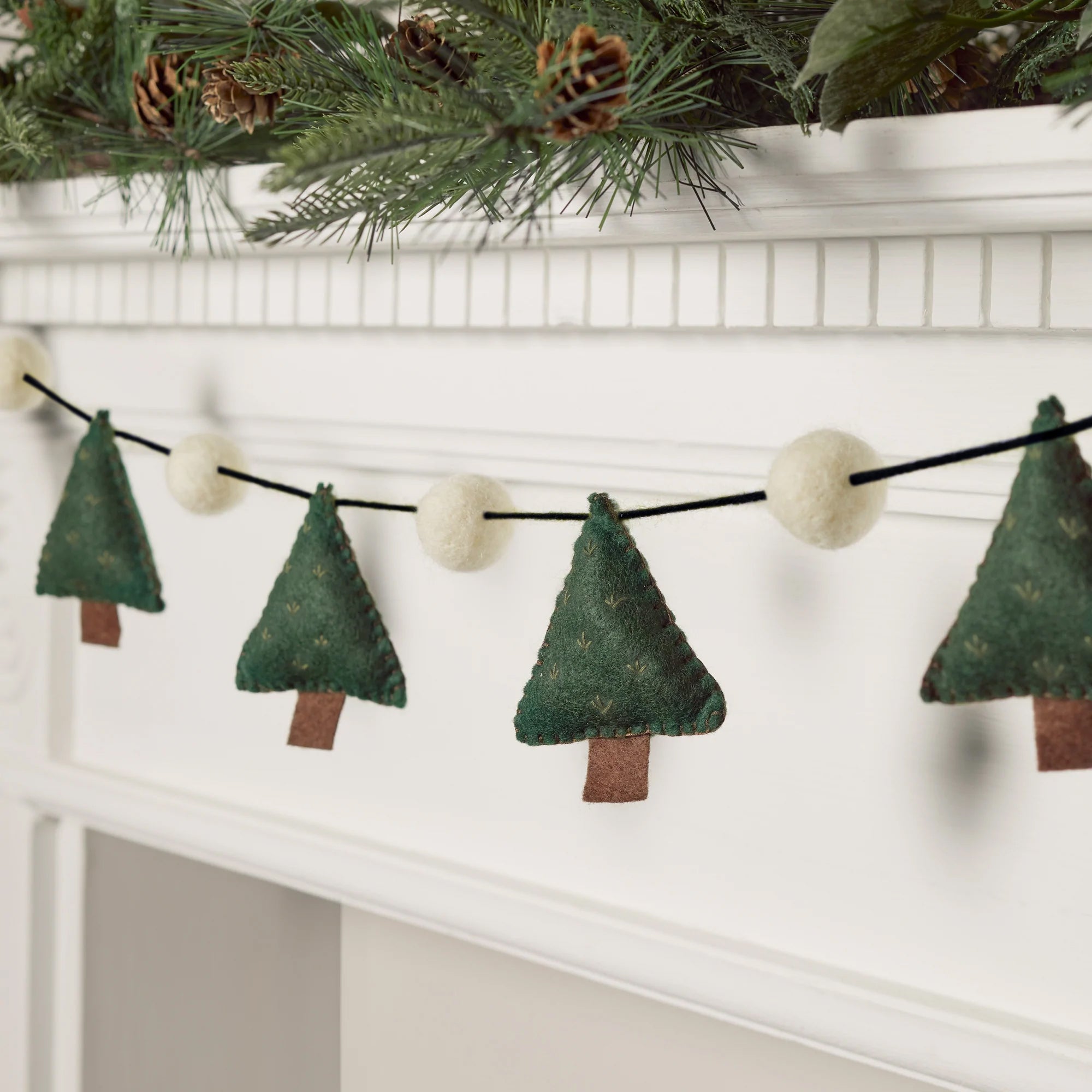 Colorful felt tree garland featuring mini Christmas trees and snowballs. Perfect for holiday decor, this whimsical decoration adds festive charm to any space. Each 0