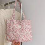 Floral quilted tote bag featuring a vibrant flower pattern, perfect for summer outings. Made from durable, lightweight fabric with sturdy handles, ideal for beach 4