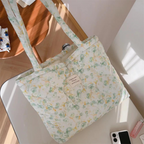 Floral quilted tote bag featuring a vibrant summer pattern, perfect for beach outings. Made from durable cotton, it offers spacious storage and sturdy handles. 8
