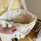 Floral quilted tote bag featuring a vibrant flower pattern, perfect for beach outings or daily errands. Made from durable fabric with sturdy handles, this stylish 6