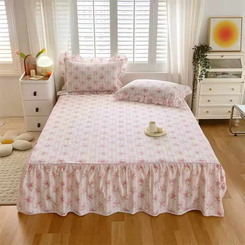 Cozy queen size duvet set featuring a soft cotton fabric adorned with a delicate pink floral pattern and charming ruffles, perfect for adding a touch of elegance 3