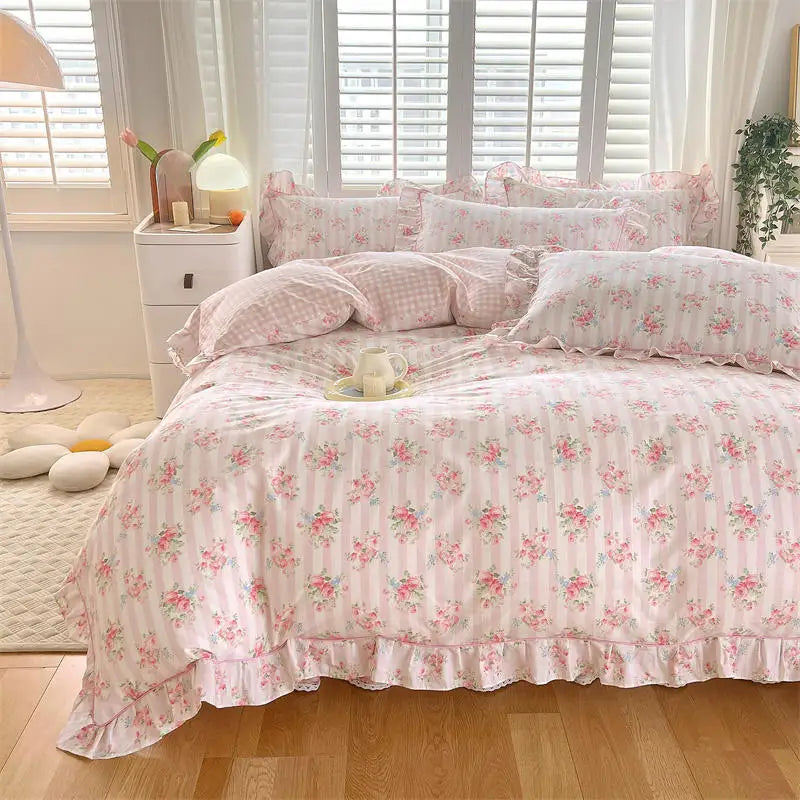 Cozy queen size duvet set featuring soft cotton material with a charming pink floral print and delicate ruffles, perfect for adding a touch of elegance to any 4