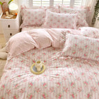 Cozy queen size duvet set featuring a soft cotton fabric adorned with a delicate pink floral pattern and ruffle details, perfect for adding a charming touch to 6