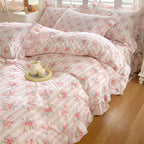 Soft cotton duvet set in a cozy queen size featuring a delicate pink floral pattern and charming ruffles, perfect for adding a touch of elegance to your bedroom 7