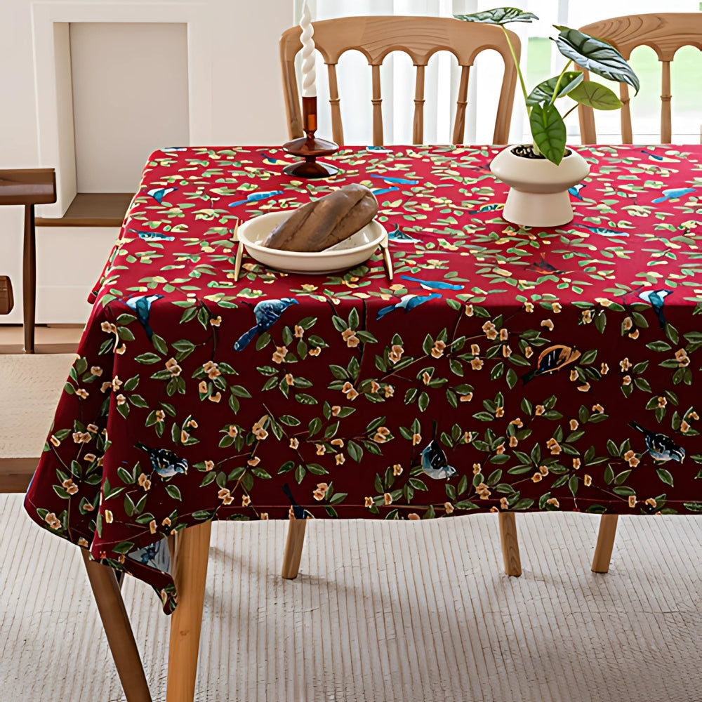 Floral and Bird Tablecloth - Durable Polyester for Indoor and Outdoor Use, Machine Washable 0