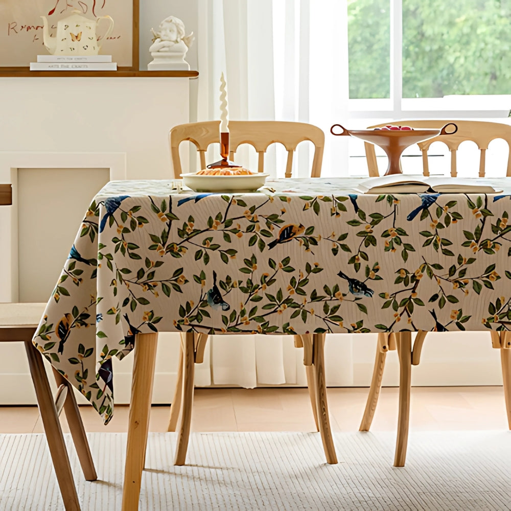 Floral and Bird Tablecloth - Durable Polyester for Indoor and Outdoor Use, Machine Washable 2