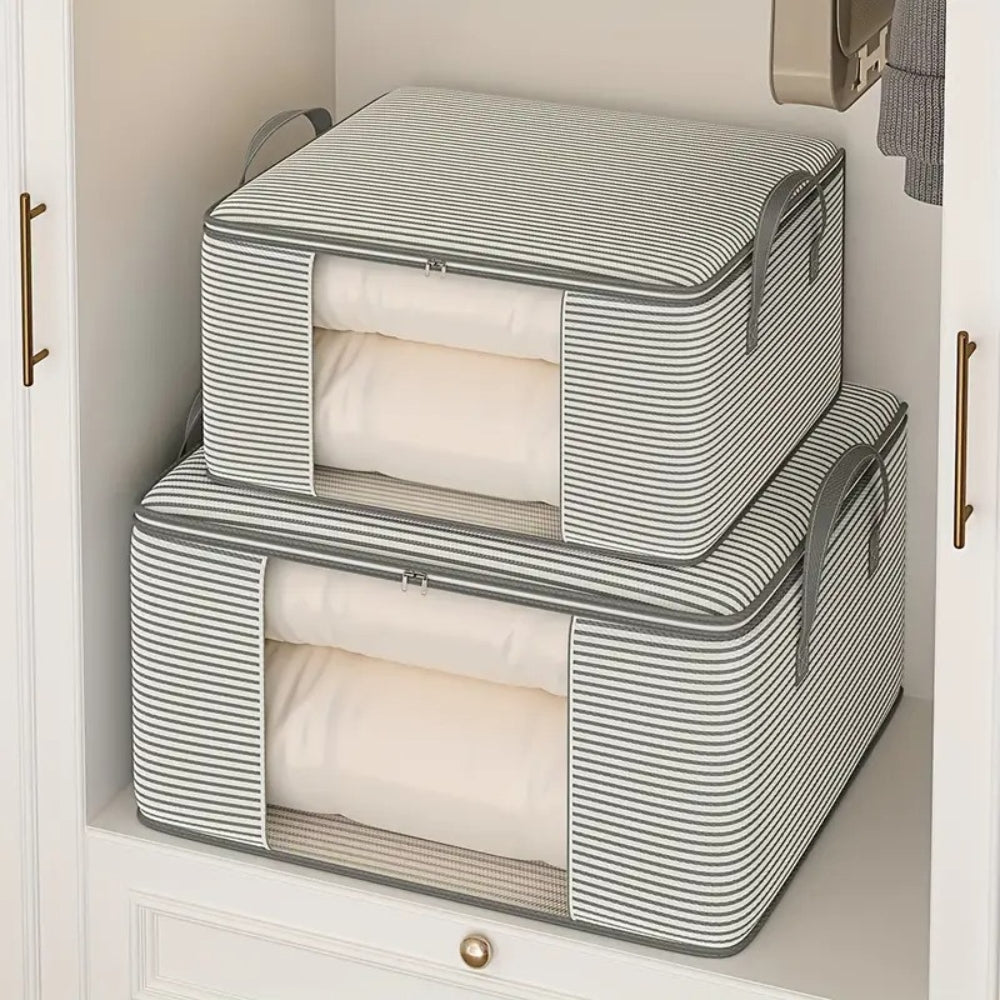 Foldable storage bag featuring a classic stripe design, made from durable fabric. Perfect for home organization, it combines functionality and style with its chic color palette 1