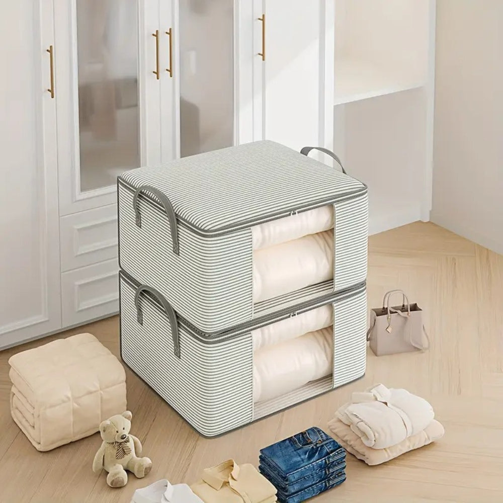 Foldable storage bag featuring a classic stripe design, made from durable fabric. Perfect for home organization, it combines functionality and style with its chic color palette 3