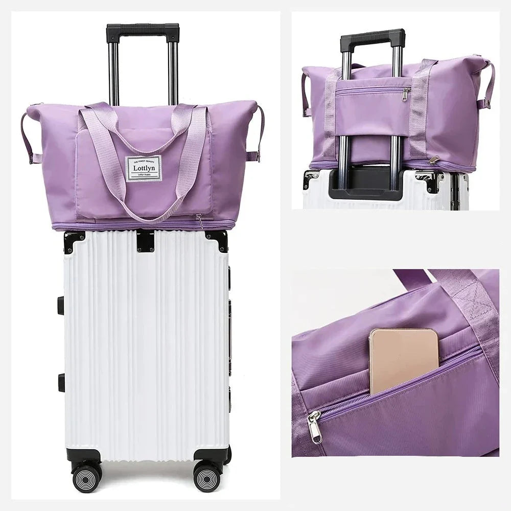 Stylish foldable travel bag for women in vibrant pink, made from durable polyester. Features spacious compartments and convenient carry handles, perfect for travel or daily 2