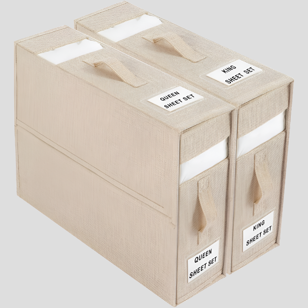 Foldable bed sheet organizer box – Durable fabric – Neutral color with transparent window – Space-saving storage solution – 15 x 12.6 x 4.5 in 0