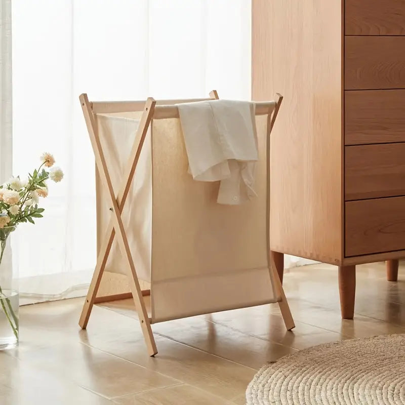 Folding laundry basket – Solid wood – Natural finish – Space-saving design for home organization – 23 x 20 x 12 in 0