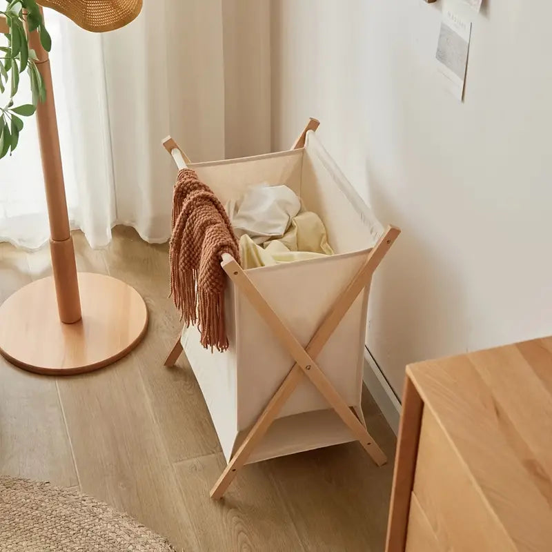 Folding laundry basket – Solid wood – Natural finish – Space-saving design for home organization – 23 x 20 x 12 in 2