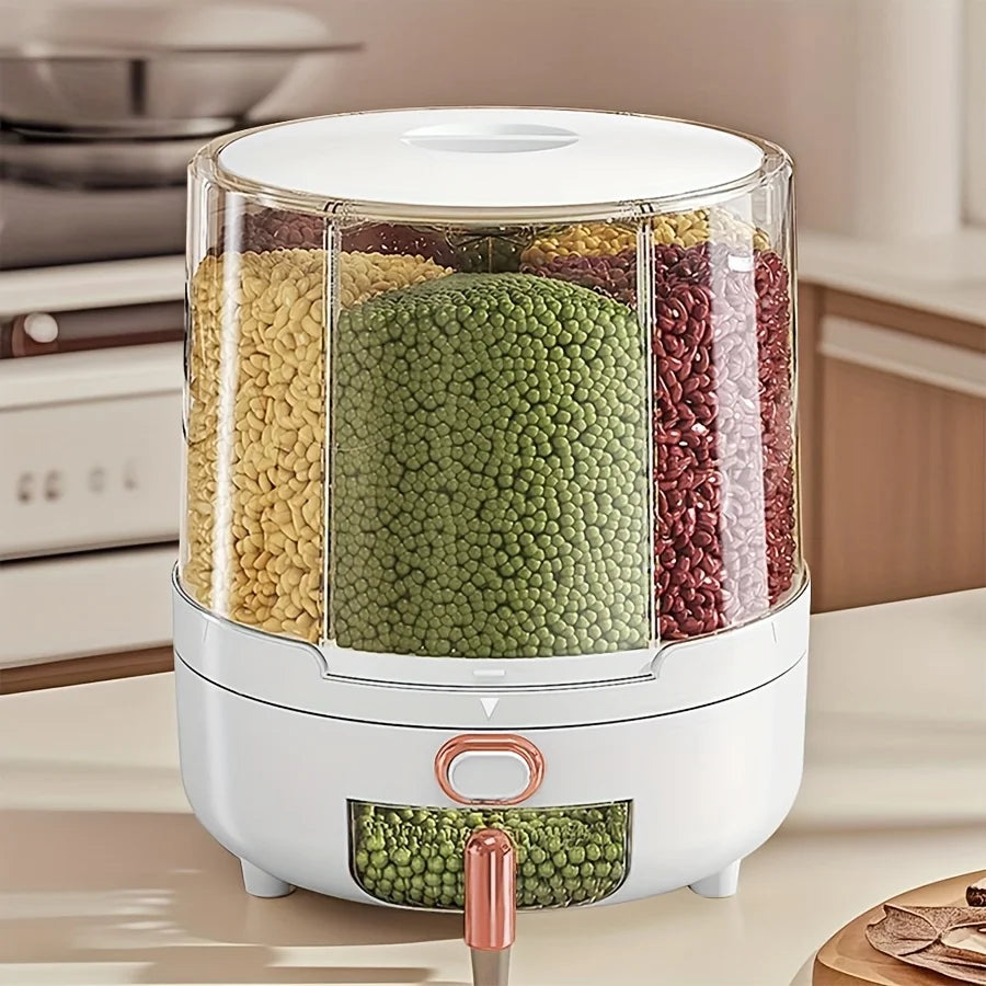 Food storage container – 6-compartment design – 360° rotating – Airtight and moisture-proof for grains – 9.25 x 9.25 x 9.84 in 1