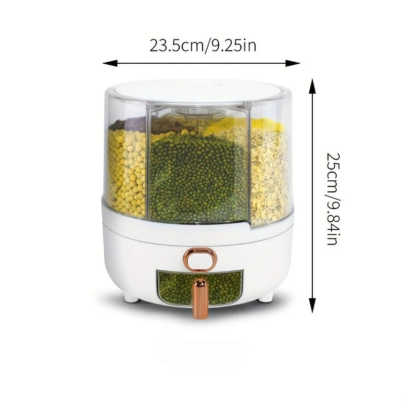 Food storage container – 6-compartment design – 360° rotating – Airtight and moisture-proof for grains – 9.25 x 9.25 x 9.84 in 2