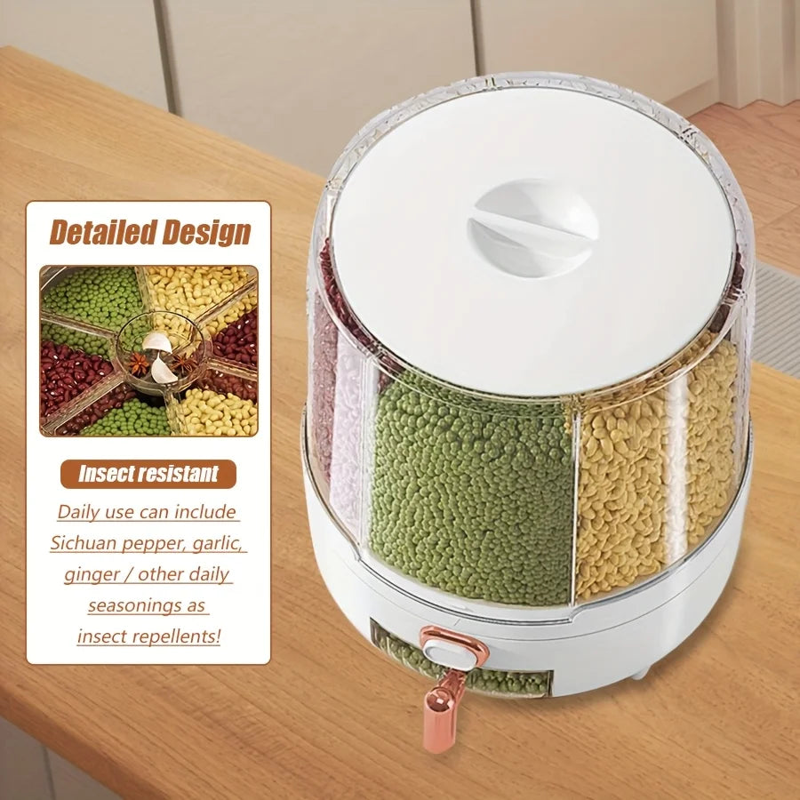 Food storage container – 6-compartment design – 360° rotating – Airtight and moisture-proof for grains – 9.25 x 9.25 x 9.84 in 3