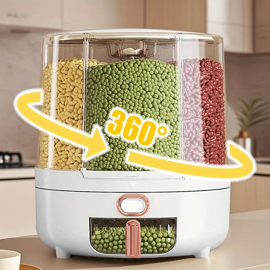 Food storage container – 6-compartment design – 360° rotating – Airtight and moisture-proof for grains – 9.25 x 9.25 x 9.84 in 4