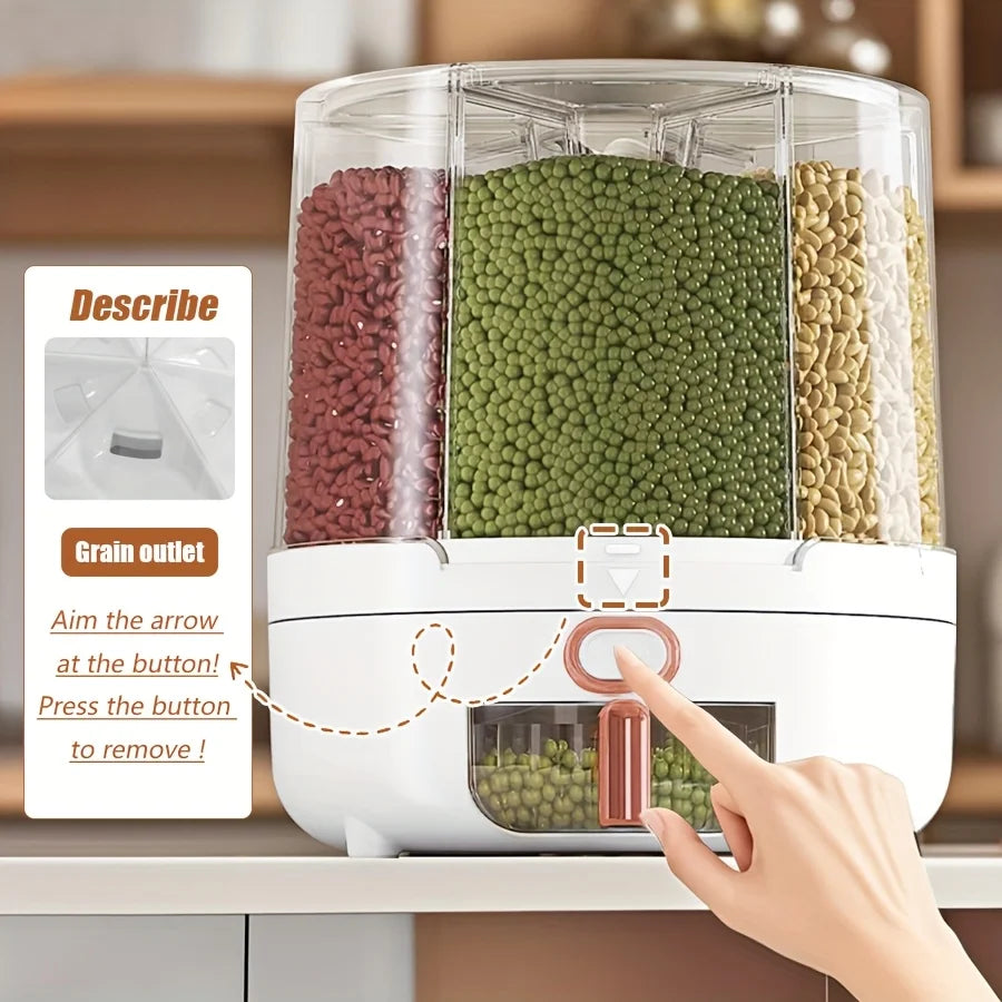Food storage container – 6-compartment design – 360° rotating – Airtight and moisture-proof for grains – 9.25 x 9.25 x 9.84 in 5