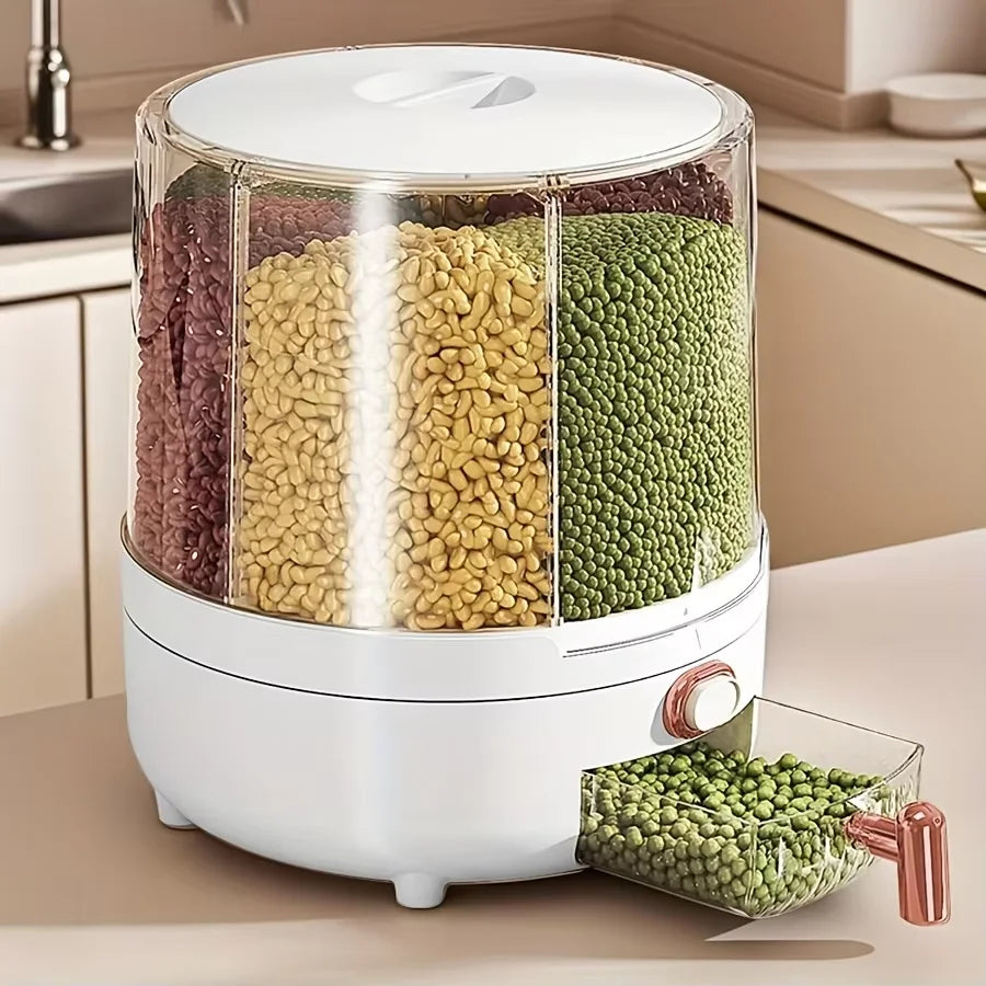 Food storage container – 6-compartment design – 360° rotating – Airtight and moisture-proof for grains – 9.25 x 9.25 x 9.84 in 6