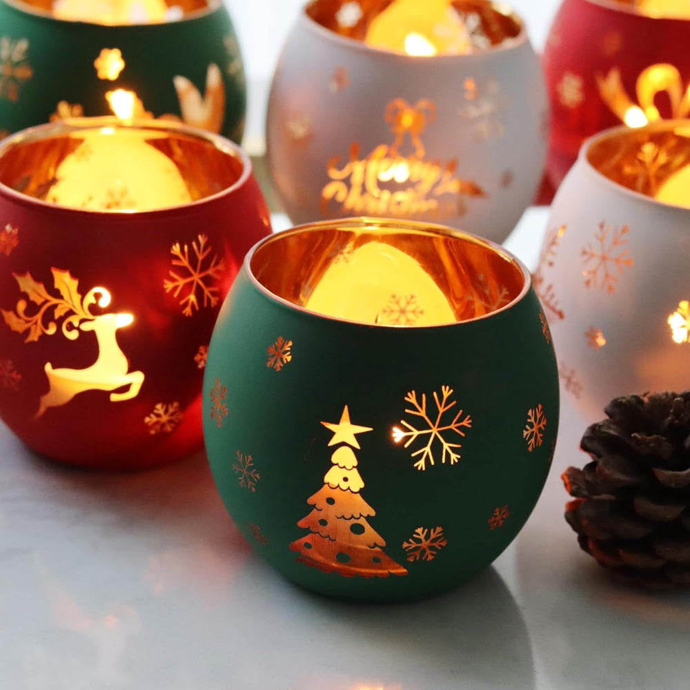 Set of frosted glass candle holders in elegant winter white, designed for tealight candles. Features a sleek, modern shape perfect for Christmas decor, creating 1