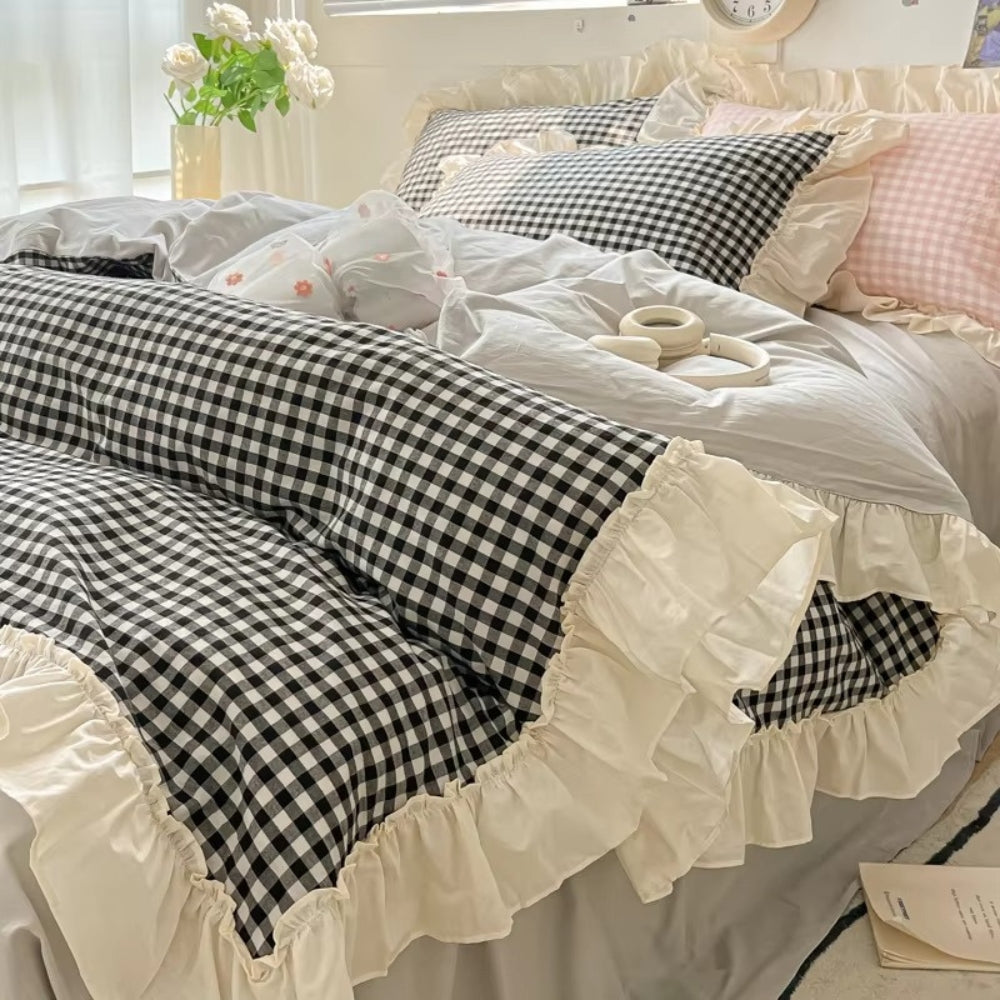 Gingham Check Bedding Set with Ruffled Edges – Cozy Cotton-Microfiber Blend 6