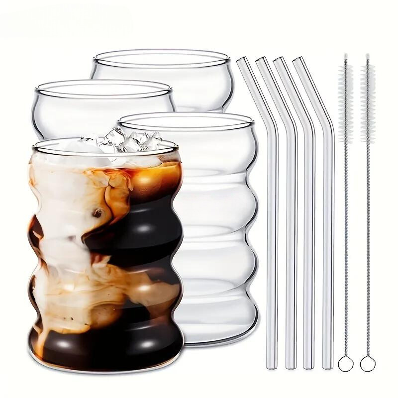 Glass set – Wavy design – Clear glass – 4-piece with reusable straws – 15.2 fl oz capacity 3