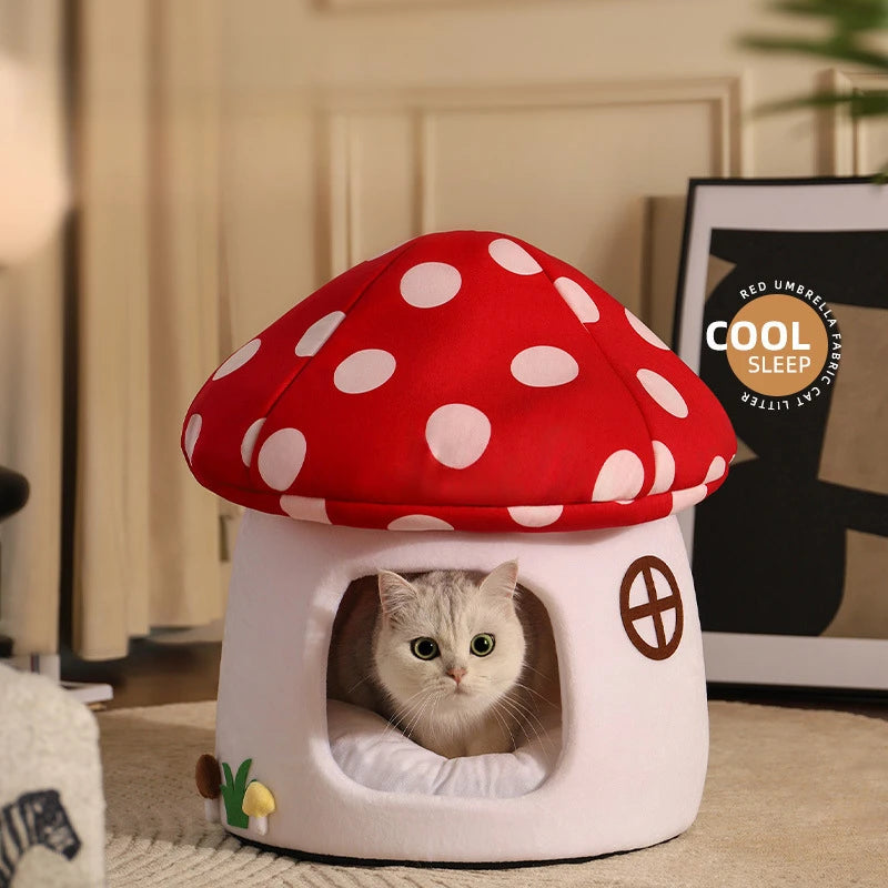 Cozy beige half-enclosed mushroom-shaped cat bed made of soft plush material, providing a warm hideaway for pets. Ideal for lounging, with a 0