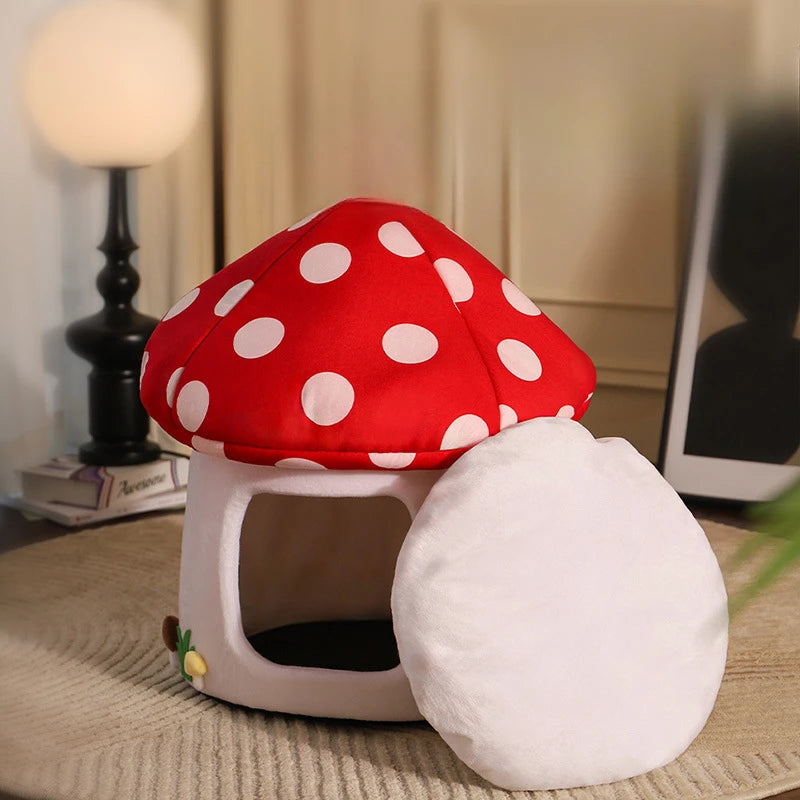 Cozy half-enclosed mushroom-shaped cat bed in soft beige plush material, designed for comfort and warmth. Ideal hideaway for cats to curl up and 1