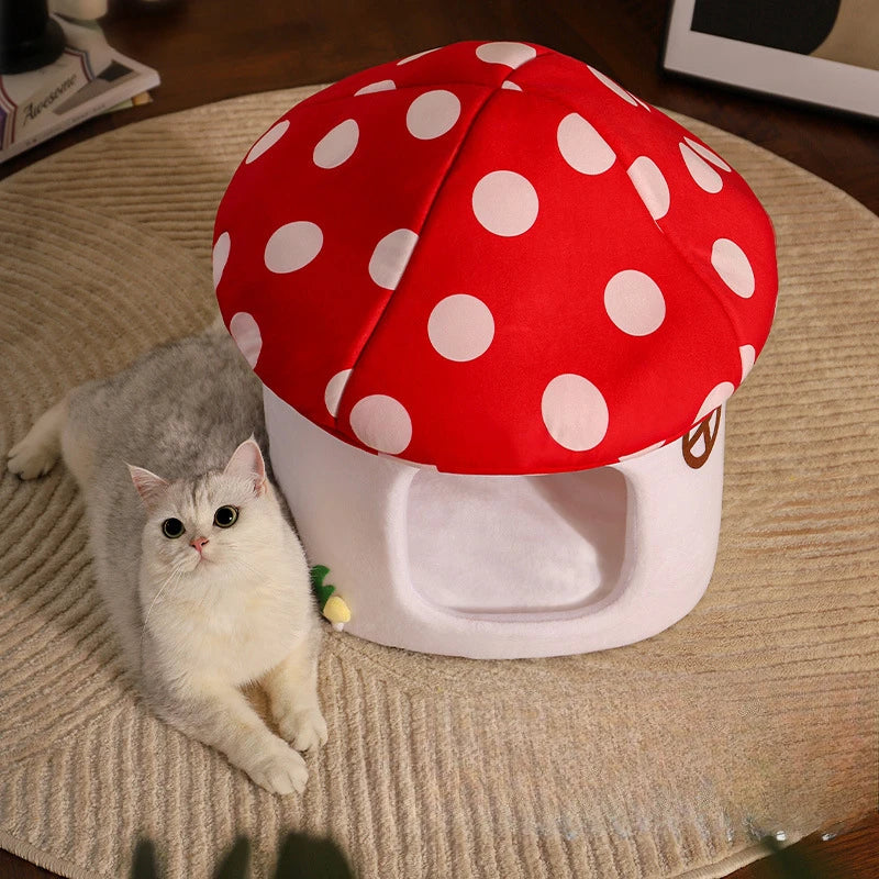 Cozy half-enclosed mushroom cat bed in soft beige plush, designed for comfort and warmth. Features a unique mushroom shape, perfect for your feline to 2