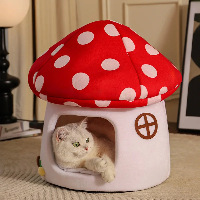 Cozy beige half-enclosed mushroom cat bed made from soft plush material, featuring a whimsical design that provides a warm hideaway for pets. Ideal for 3