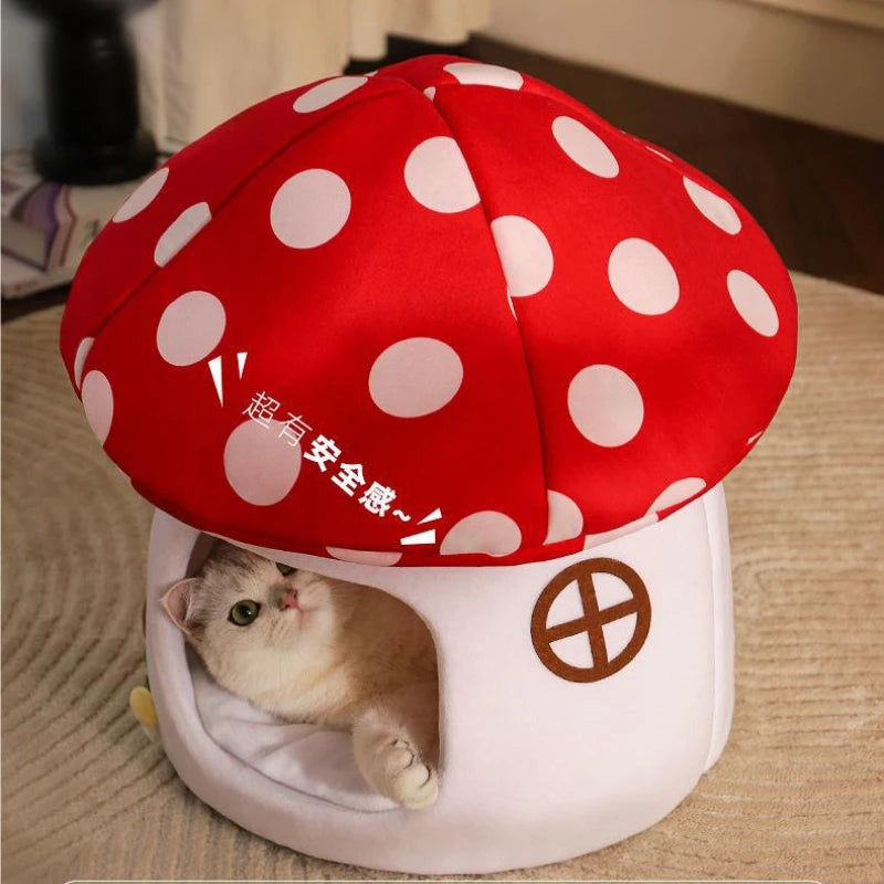 Cozy beige half-enclosed cat bed made of plush material, resembling a mushroom. Features a soft, inviting interior for comfort and warmth, perfect for 4