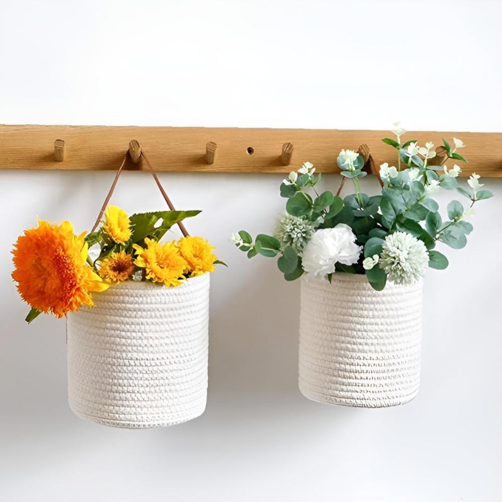 Hanging basket set – Woven cotton rope – Rustic storage solution – Ideal for plants and home décor 1