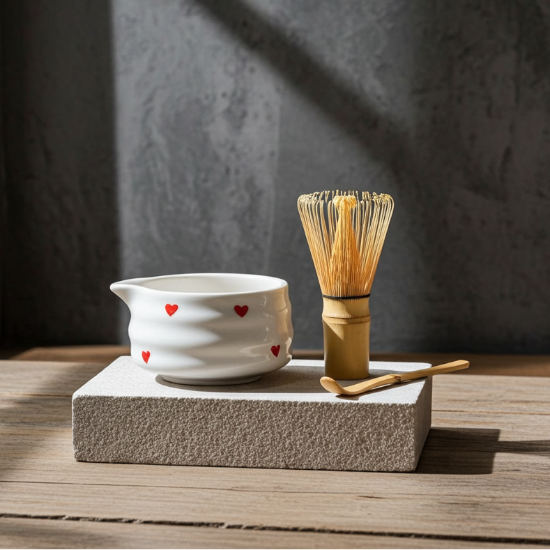 Heart-Shaped Japanese Matcha Bowl Set with Whisk – Authentic Ceremonial Tea Set