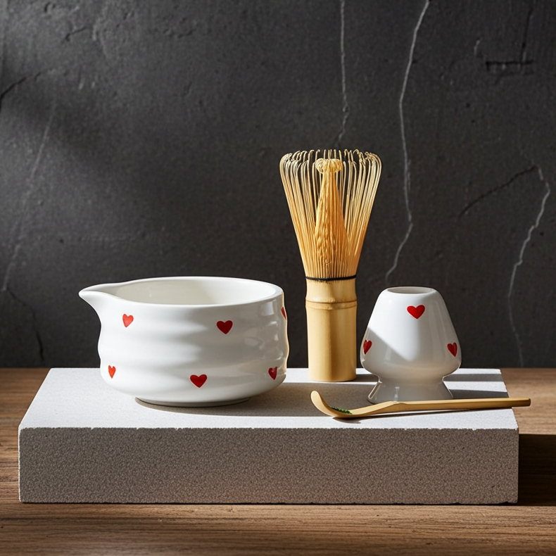 Ceramic bowl with heart designs, whisk, and small cup on a dark background