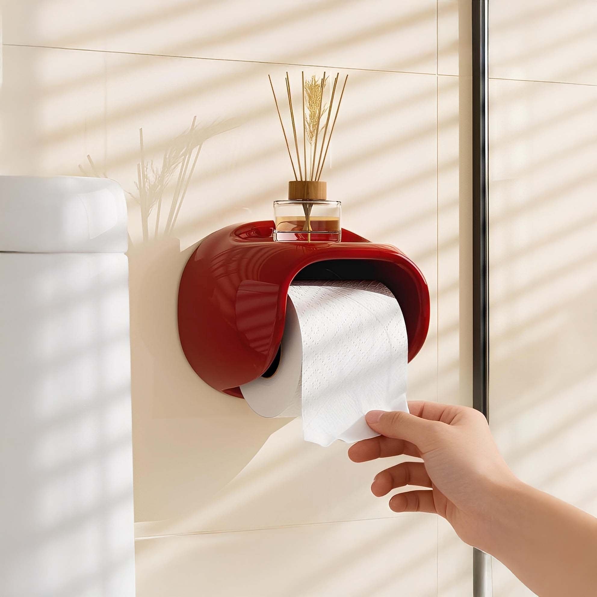 High-Gloss Toilet Paper Holder with Integrated Ledge – Retro-Modern Design, No-Drill Adhesive Mounting, Easy Underside Dispense 0