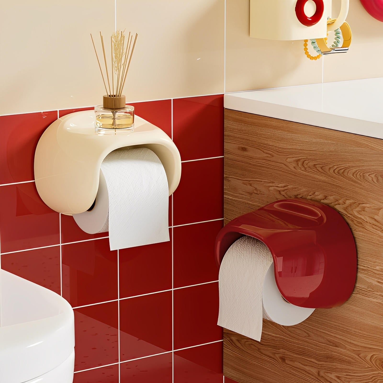 High-Gloss Toilet Paper Holder with Integrated Ledge – Retro-Modern Design, No-Drill Adhesive Mounting, Easy Underside Dispense 1
