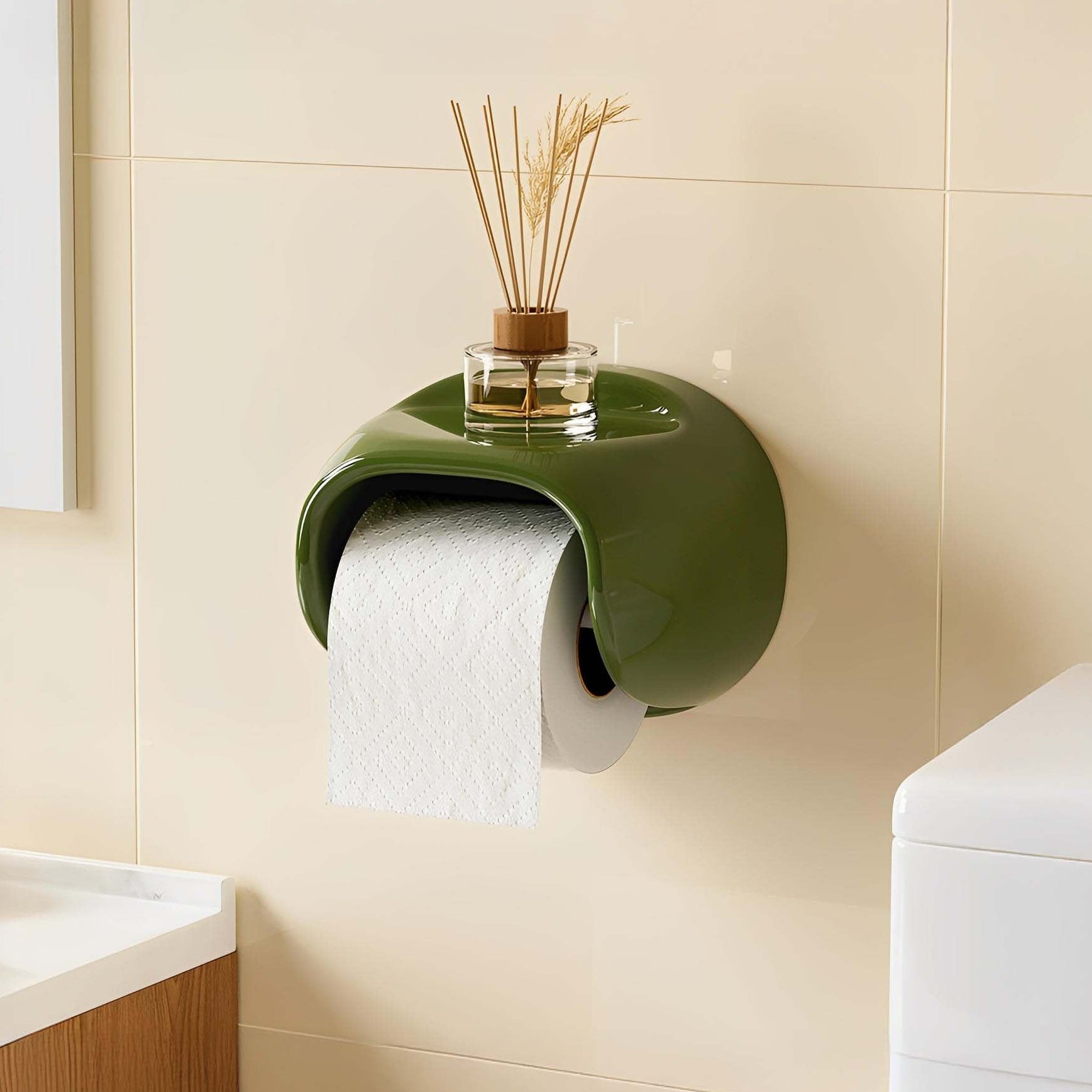 High-Gloss Toilet Paper Holder with Integrated Ledge – Retro-Modern Design, No-Drill Adhesive Mounting, Easy Underside Dispense 2