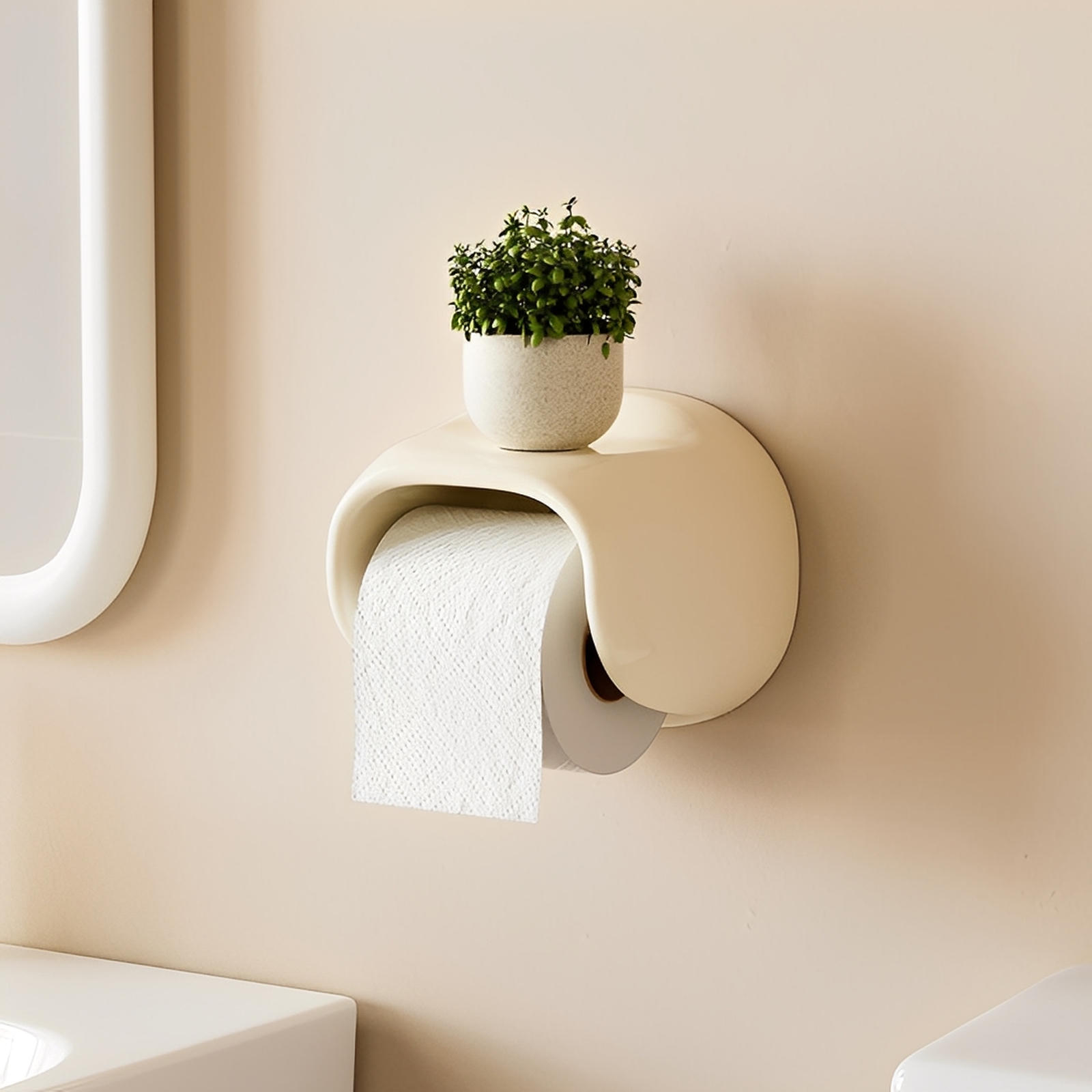 High-Gloss Toilet Paper Holder with Integrated Ledge – Retro-Modern Design, No-Drill Adhesive Mounting, Easy Underside Dispense 3