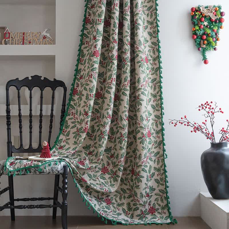Elegant Christmas curtain featuring a holly leaf design, made from light-filtering fabric in a rich green color with decorative tassels. Perfect for adding festive 0