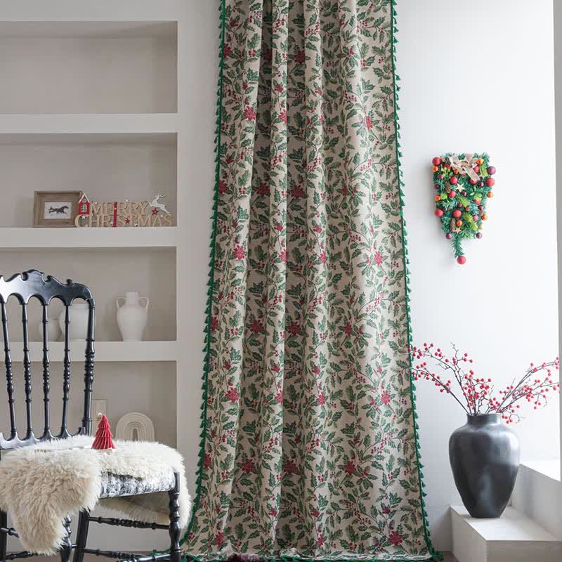 Elegant Christmas curtain featuring a holly leaf design, made from light-filtering fabric in a rich green color with decorative tassels. Perfect for adding festive 1