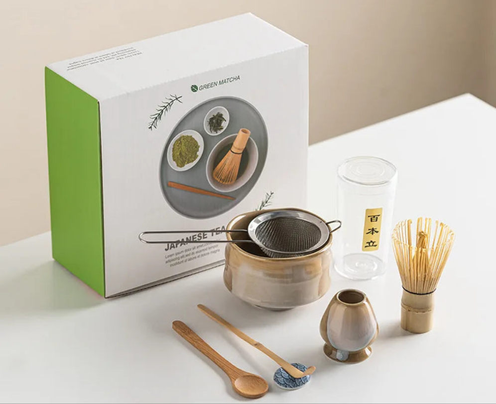Vintage 7-Piece Matcha Set with Ceramic Bowl, Chasen Whisk, and Bamboo Scoop for Traditional Tea Ceremony