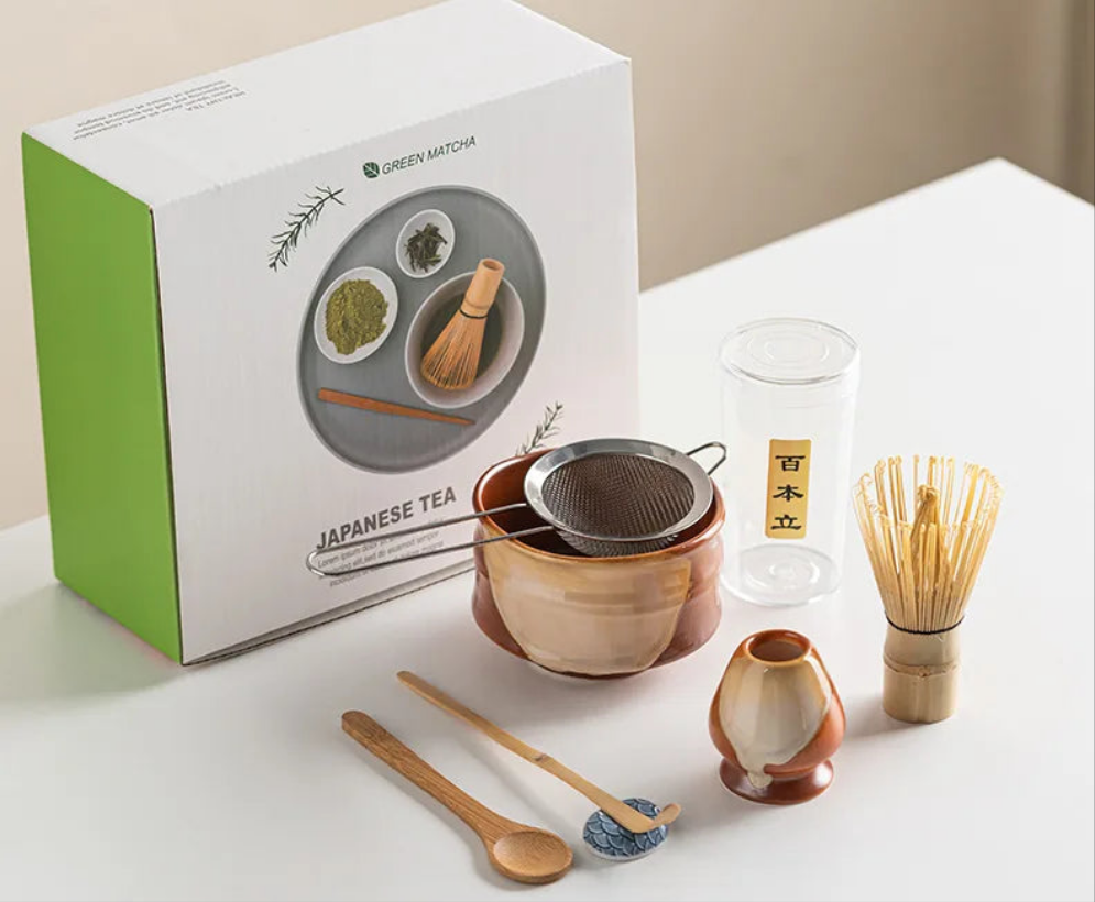 Vintage 7-Piece Matcha Set with Ceramic Bowl, Chasen Whisk, and Bamboo Scoop for Traditional Tea Ceremony