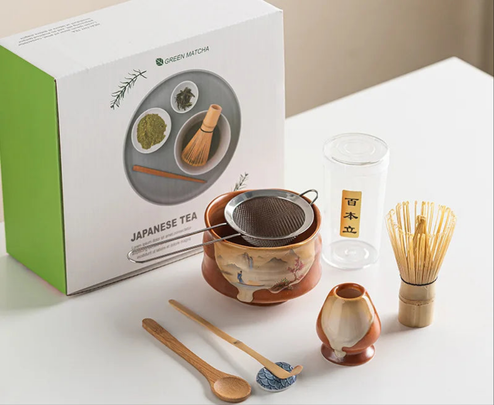 Vintage 7-Piece Matcha Set with Ceramic Bowl, Chasen Whisk, and Bamboo Scoop for Traditional Tea Ceremony